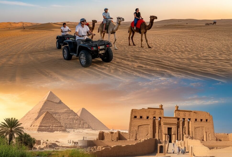 A collage-style travel image showing two main scenes: one side with tourists riding quad bikes and camels across golden sand dunes during a Hurghada desert safari under a bright blue sky, and the other side showing ancient Egyptian landmarks in Luxor, such as the Karnak Temple and the Valley of the Kings, with the Nile River flowing nearby. Vibrant lighting, cinematic travel photography, warm colors, and a mix of adventure and historical atmosphere