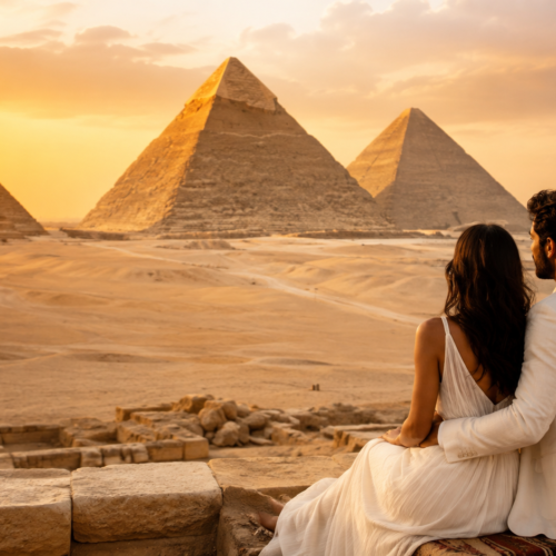 Giza Pyramids during a Cairo and Nile Cruise Honeymoon by Train